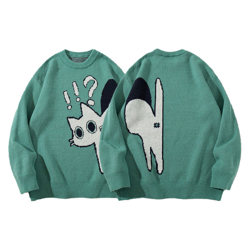 Playful Shocked Cat Graphic Oversized Knit Sweater