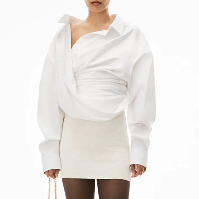 Asymmetric Off-the-Shoulder Draped Poplin Blouse