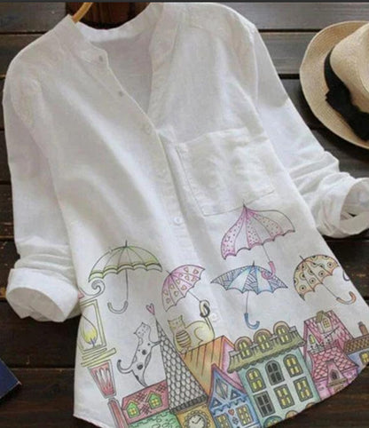 Autumn Bicycle & Tree Linen V-Neck Shirt