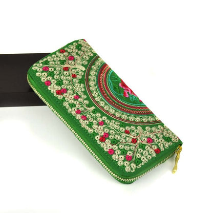 Vintage Ethnic Floral Embroidered Long Zipper Wallet