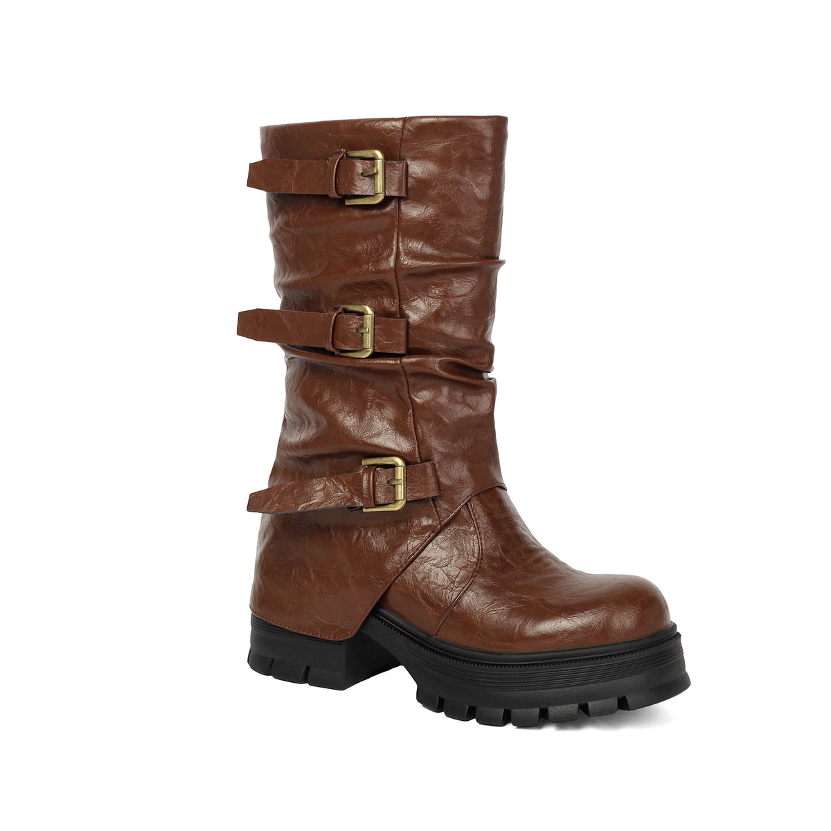 Triple Buckle Slouchy Platform Biker Boots