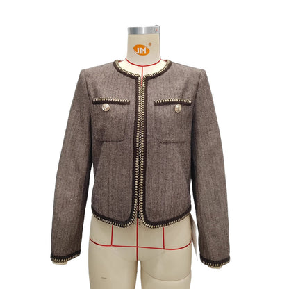 Vintage Brown Tweed Cropped Collarless Jacket