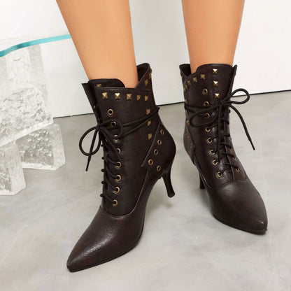 Studded Pointed-Toe Lace-Up Heeled Ankle Boots