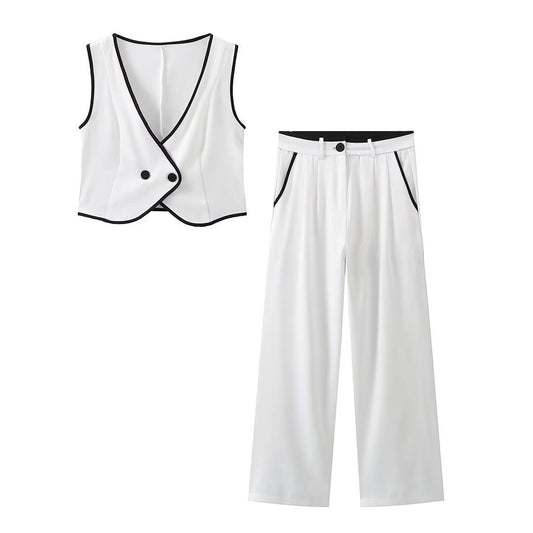 Monochrome Contrast Piping Vest & Wide-Leg Trouser Set