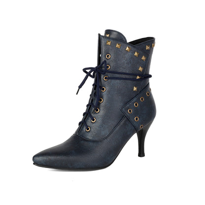 Studded Pointed-Toe Lace-Up Heeled Ankle Boots