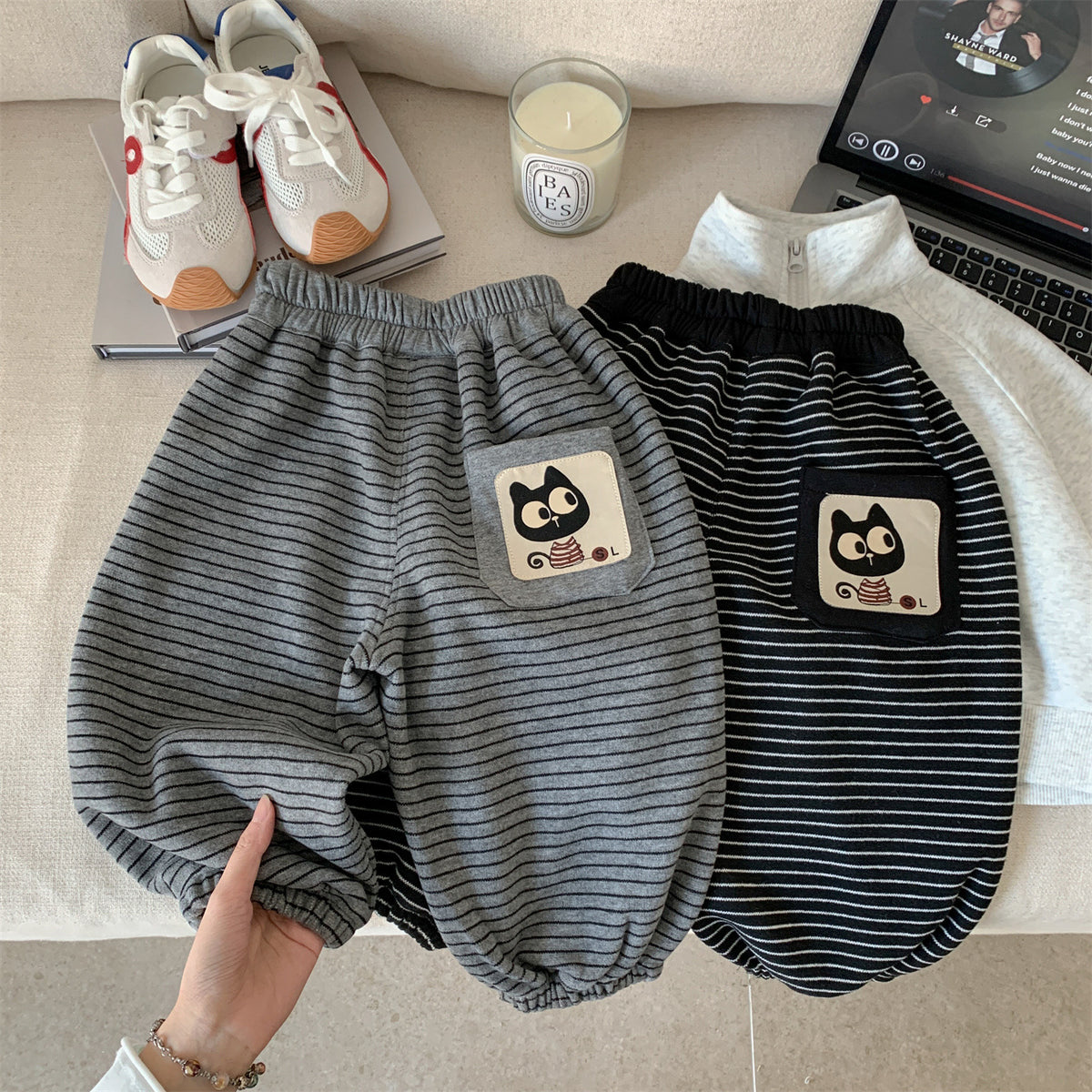 Cartoon Cat Patchwork Striped Knit Joggers