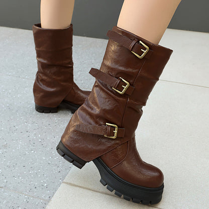 Triple Buckle Slouchy Platform Biker Boots