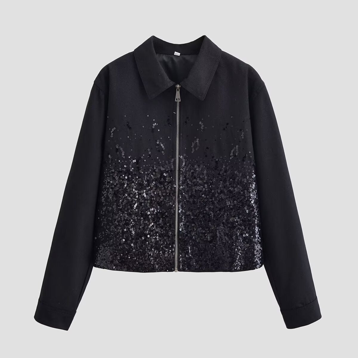 Black Sequin Gradient Zip-Up Crop Jacket