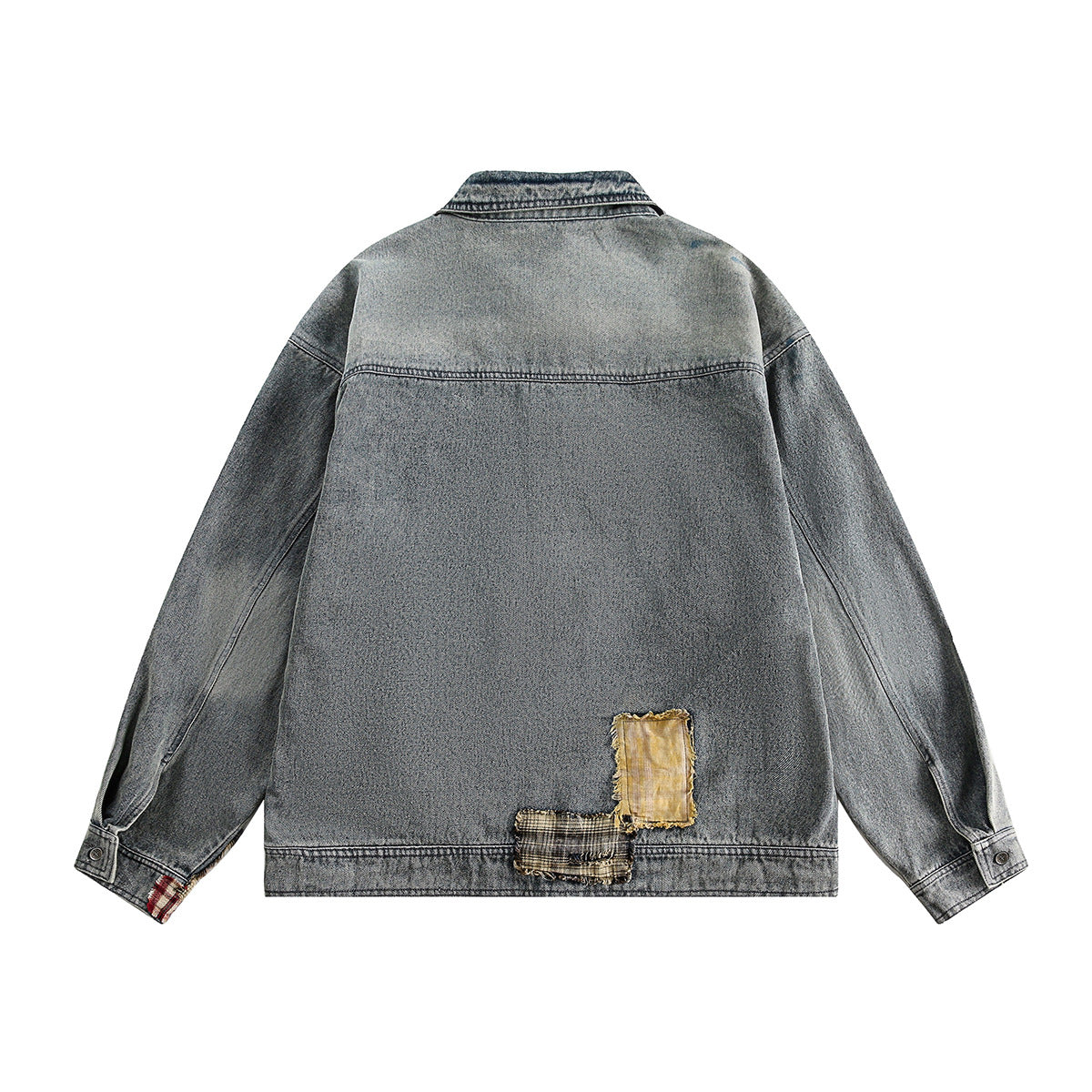Rust Blue Plaid Patchwork Washed Denim Jacket