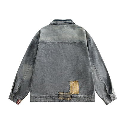 Rust Blue Plaid Patchwork Washed Denim Jacket