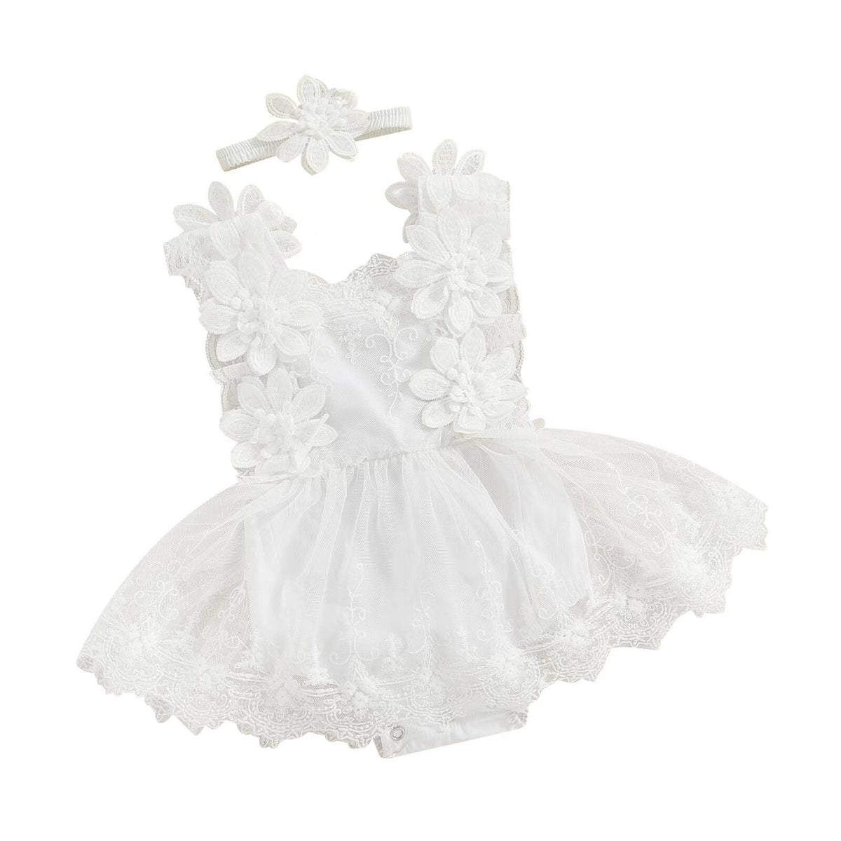 Vintage Floral Lace Baby Romper Dress & Headband Set
