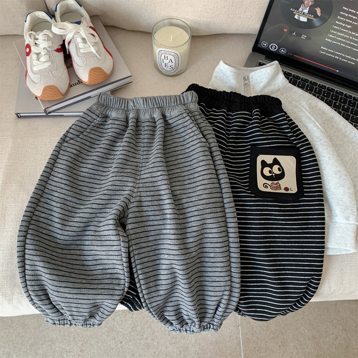 Cartoon Cat Patchwork Striped Knit Joggers