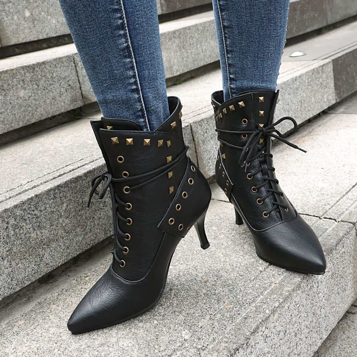 Studded Pointed-Toe Lace-Up Heeled Ankle Boots