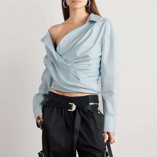 Asymmetric Off-the-Shoulder Draped Poplin Blouse