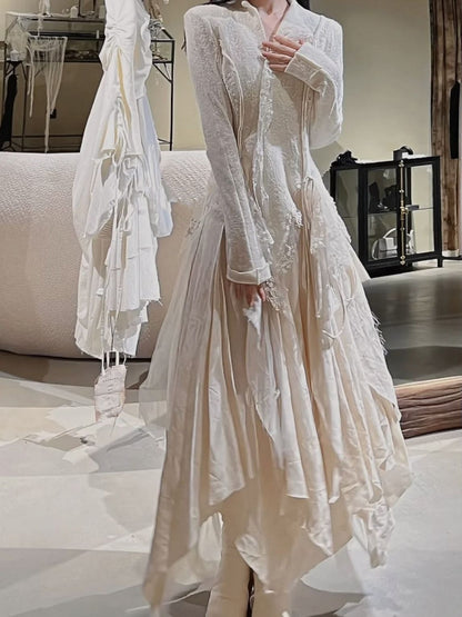 Asymmetric Lace Spliced Draped Tunic Blouse