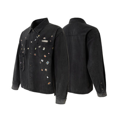 Dark Gray Pin-Embellished Washed Denim Jacket