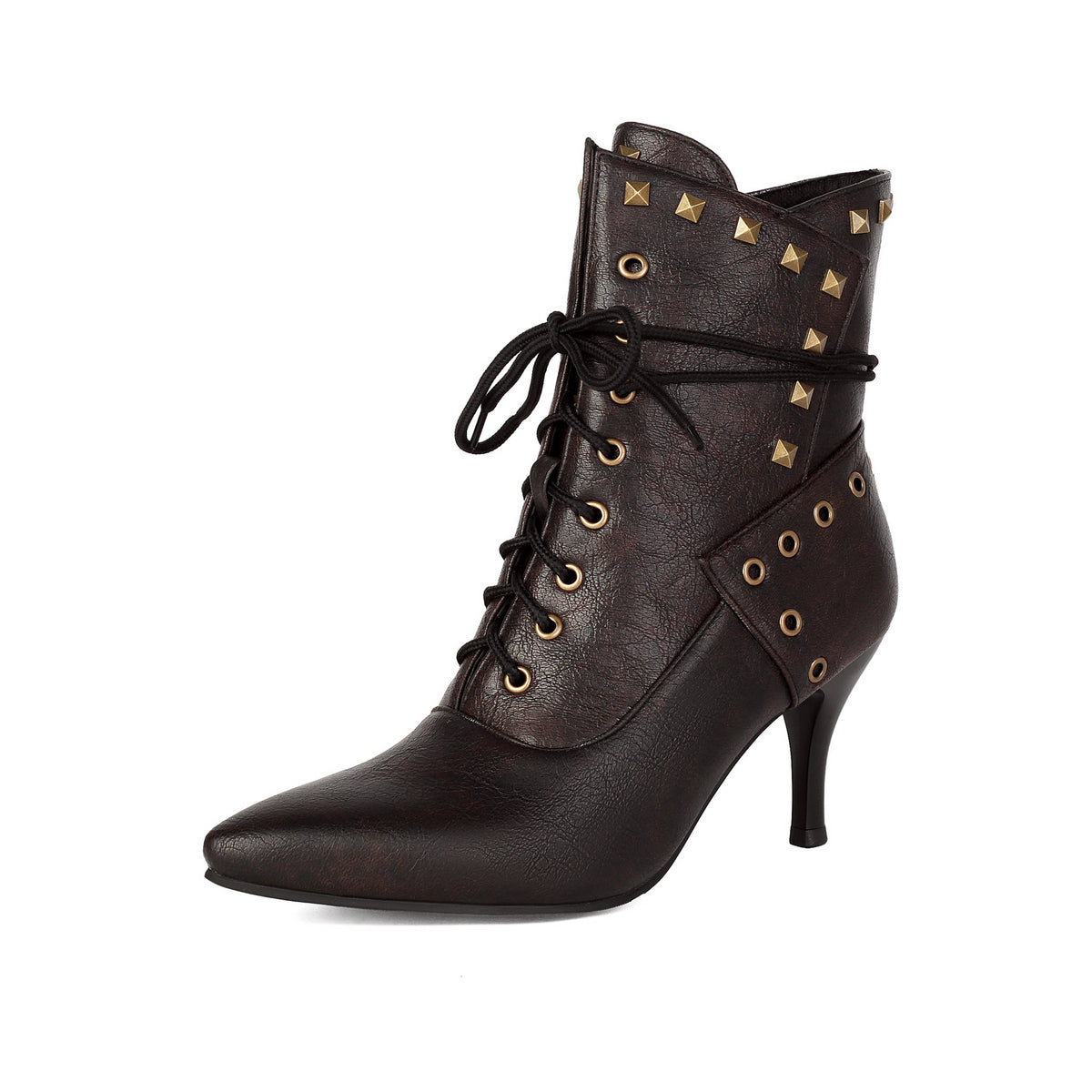 Studded Pointed-Toe Lace-Up Heeled Ankle Boots