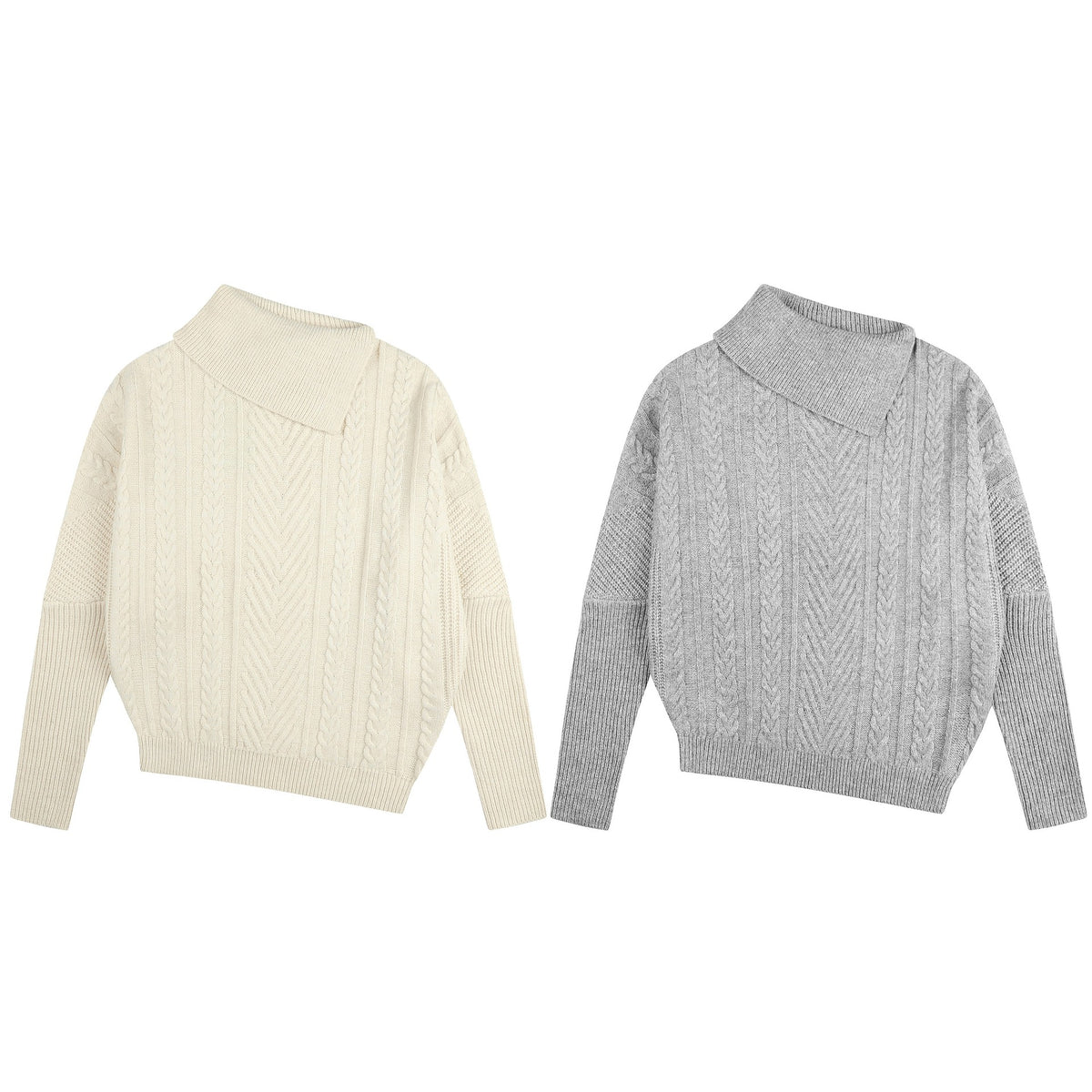 Asymmetric Fold-Collar Cable Knit Sweater
