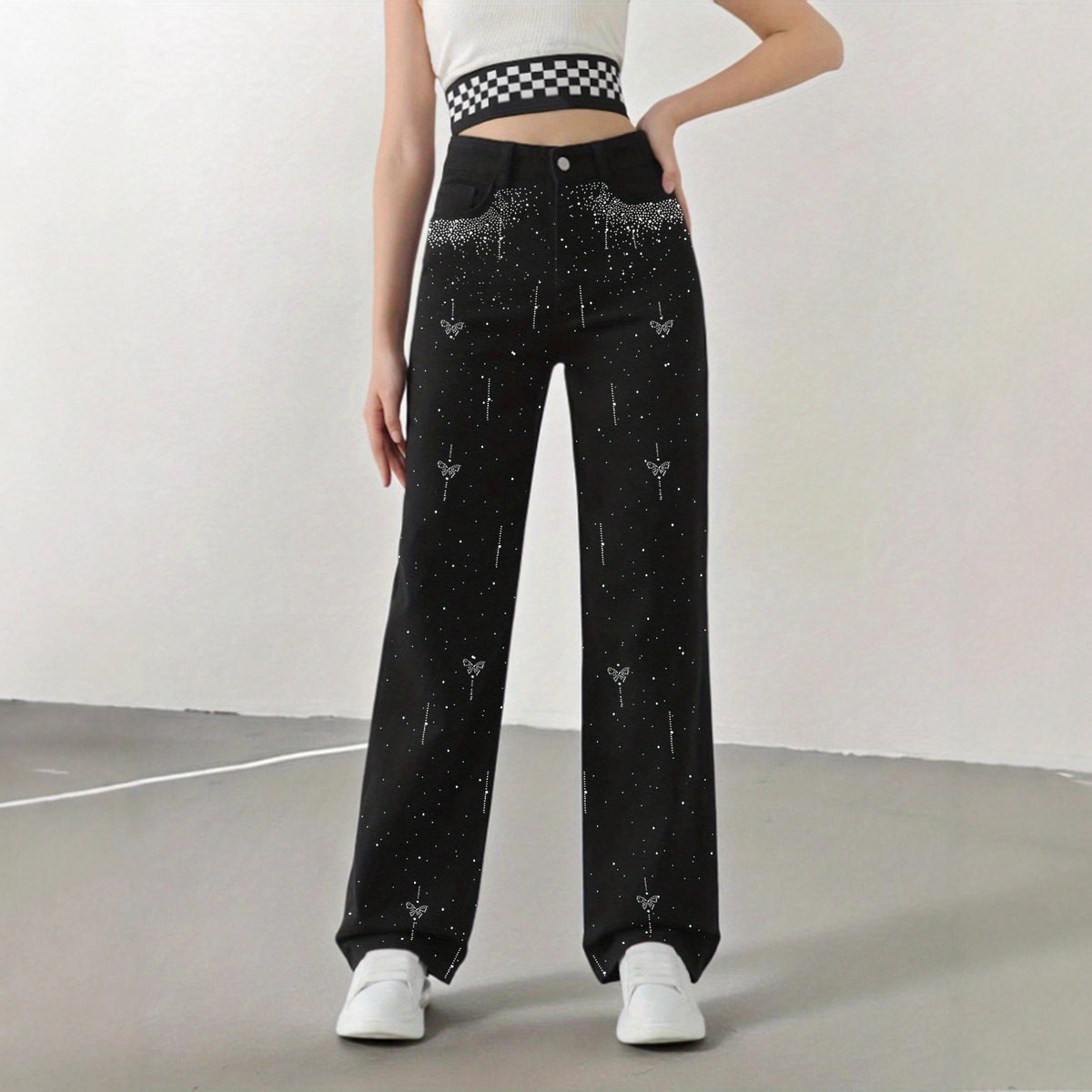 Sparkling Rhinestone High-Waist Wide-Leg Jeans