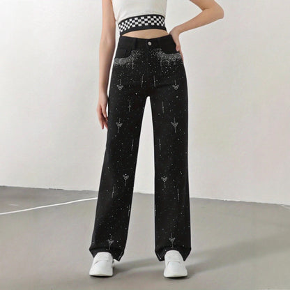Sparkling Rhinestone High-Waist Wide-Leg Jeans