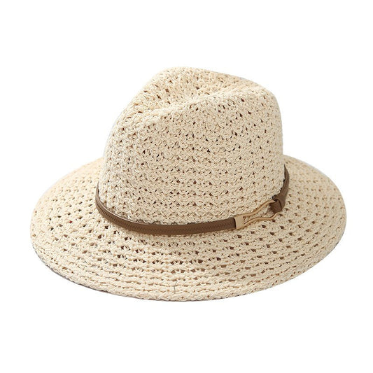 Hand-Woven Straw Fedora Sun Hat with Leatherette Band