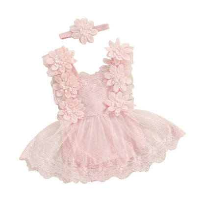 Vintage Floral Lace Baby Romper Dress & Headband Set