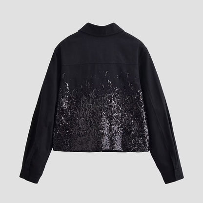 Black Sequin Gradient Zip-Up Crop Jacket