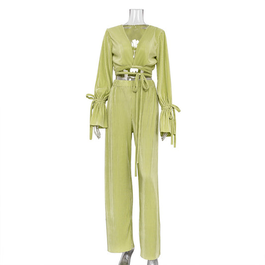 Pleated Tie-Wrap Crop Top & High-Waist Wide-Leg Pants Set
