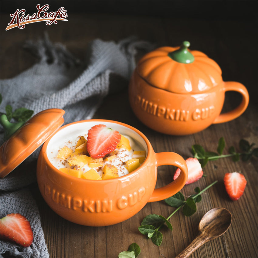 1pc Cute Coffee Mug Ceramic Cup Drinking Cup with Lid Milk Mugs Breakfast Oatmeal Cup Funny Pumpkin Cup Halloween Gift