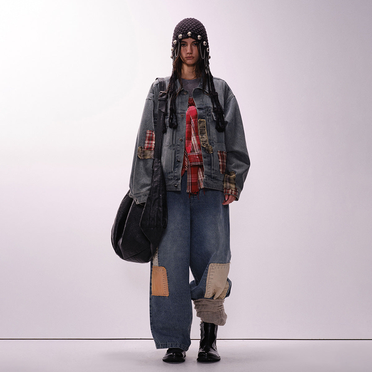 Rust Blue Plaid Patchwork Washed Denim Jacket