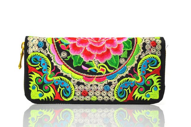 Vintage Ethnic Floral Embroidered Long Zipper Wallet