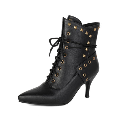 Studded Pointed-Toe Lace-Up Heeled Ankle Boots