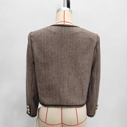 Vintage Brown Tweed Cropped Collarless Jacket