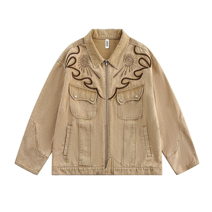 Khaki Celestial Sun Embroidered Denim Jacket