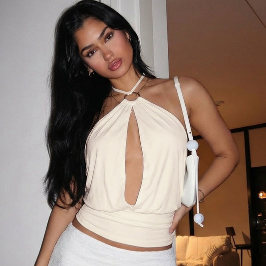 Ring Detail Cut-Out Halter Crop Top