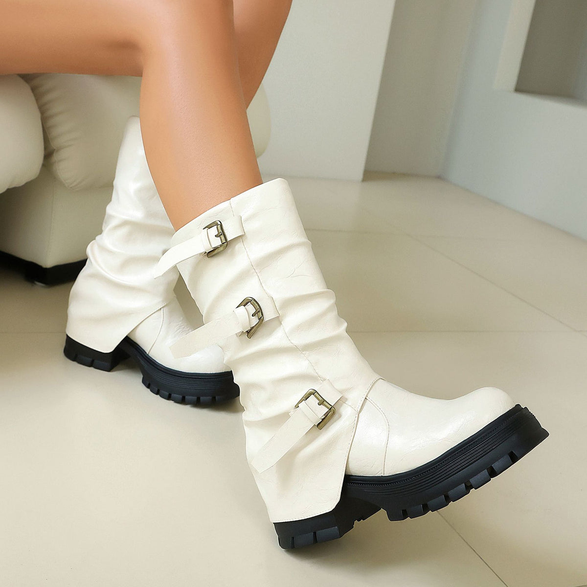 Triple Buckle Slouchy Platform Biker Boots