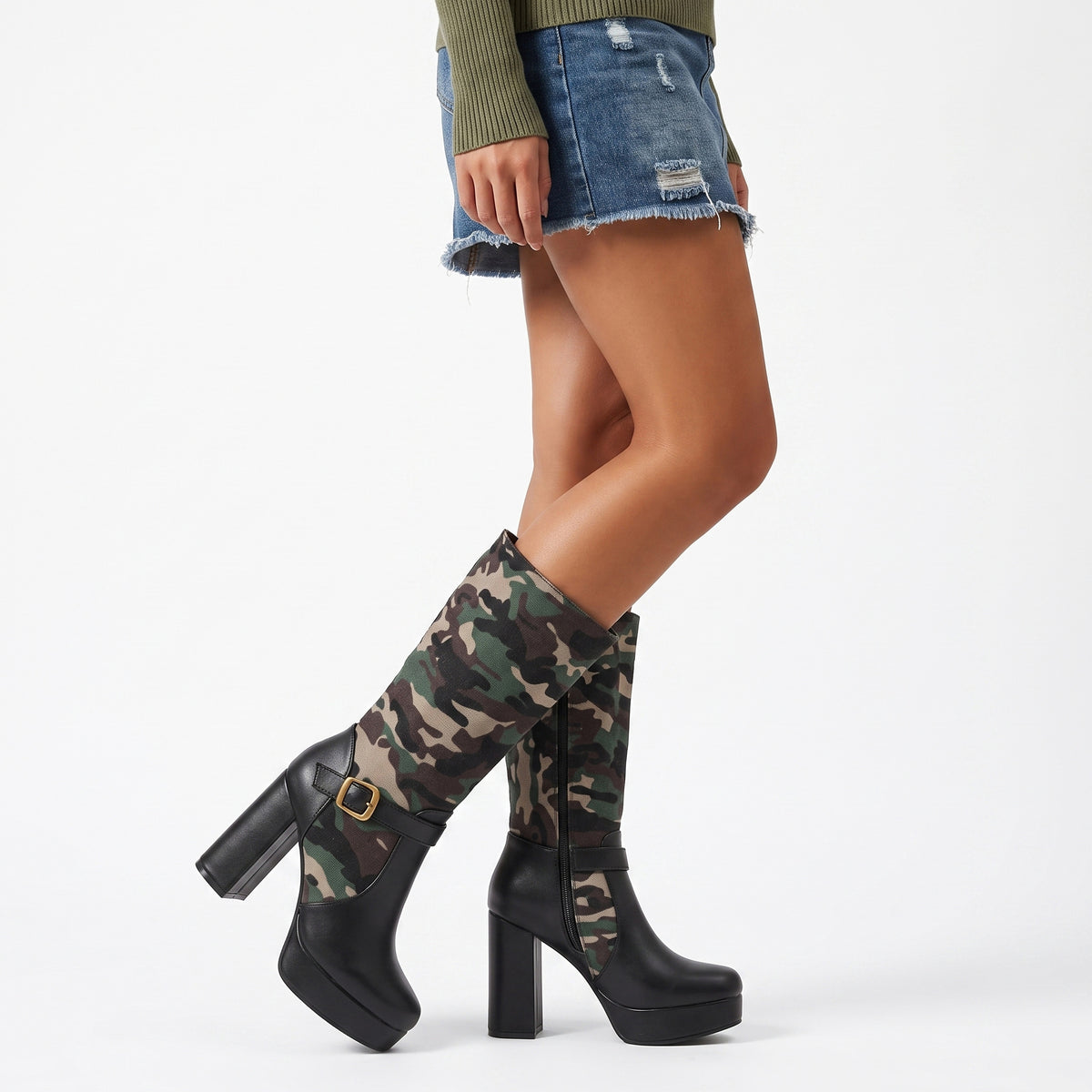 Camouflage Platform Block-Heeled High Boots