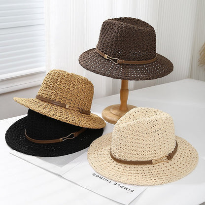 Hand-Woven Straw Fedora Sun Hat with Leatherette Band
