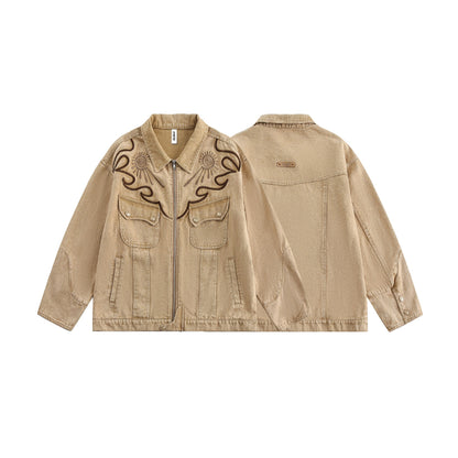 Khaki Celestial Sun Embroidered Denim Jacket
