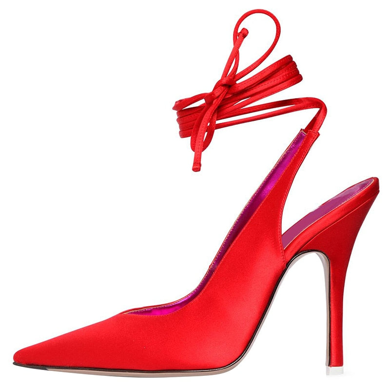 Silk Pointed-Toe Ankle Lace-Up Stiletto Sandals