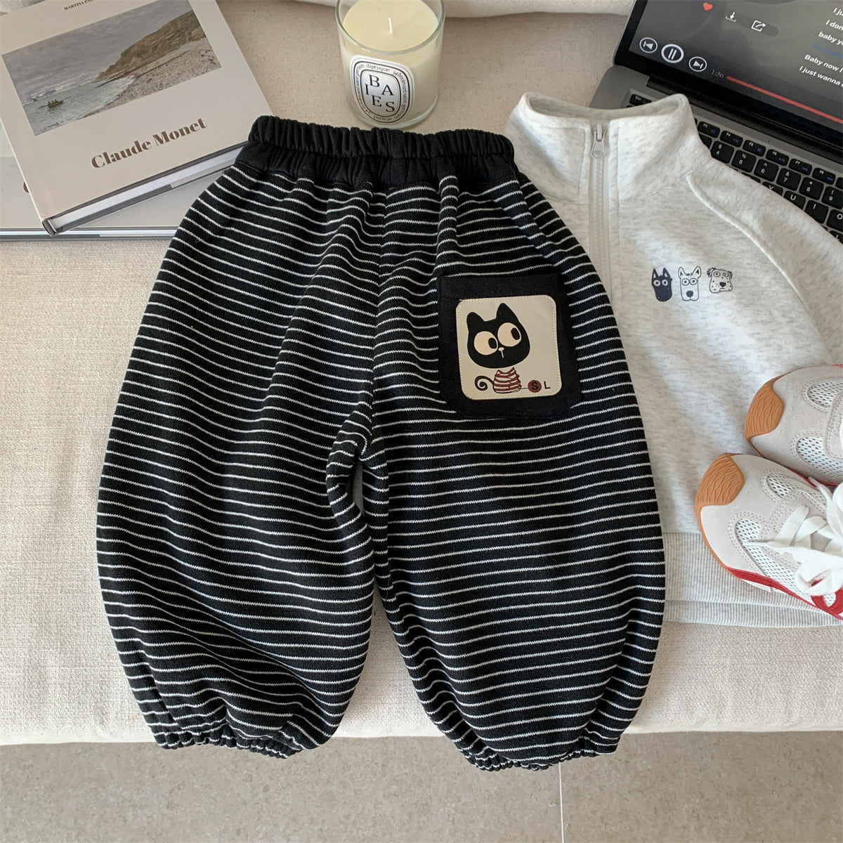Cartoon Cat Patchwork Striped Knit Joggers
