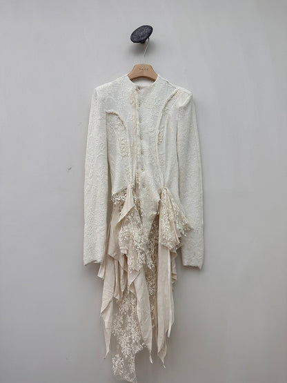 Asymmetric Lace Spliced Draped Tunic Blouse
