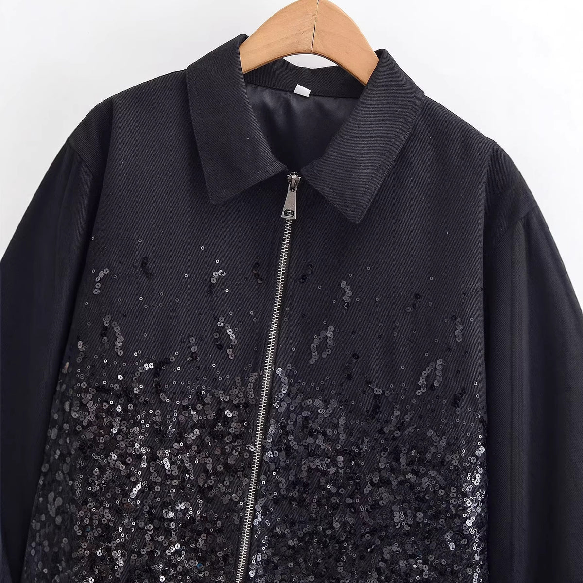 Black Sequin Gradient Zip-Up Crop Jacket