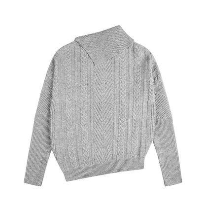 Asymmetric Fold-Collar Cable Knit Sweater