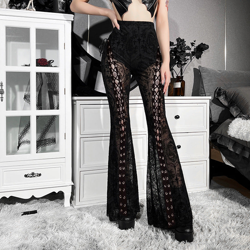 Gothic Lace-Up Sheer Floral Mesh Flared Pants