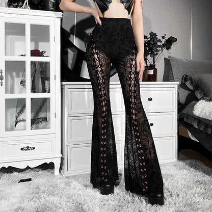 Gothic Lace-Up Sheer Floral Mesh Flared Pants