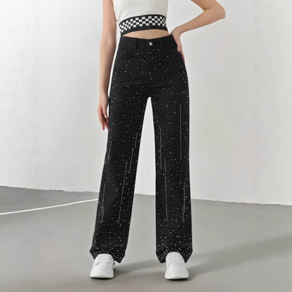 Sparkling Rhinestone High-Waist Wide-Leg Jeans