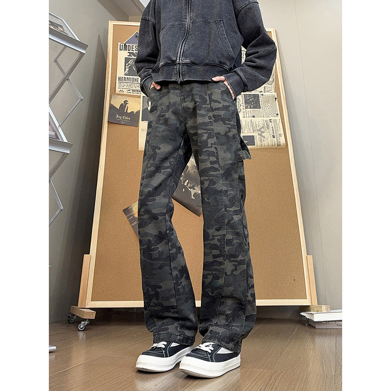 Dark Charcoal Camo Wide-Leg Utility Trousers