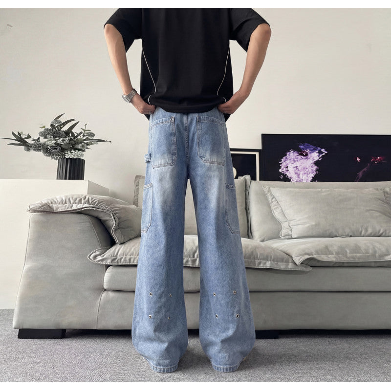 Cyberpunk Studded Flare Wide-Leg Denim Jeans