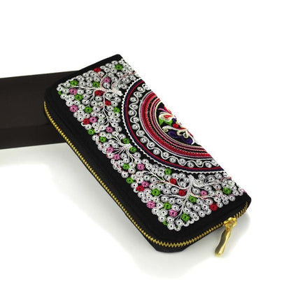 Vintage Ethnic Floral Embroidered Long Zipper Wallet